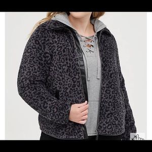ZIP FRONT JACKET - FAUX SHEARLING LEOPARD PRINT GREY